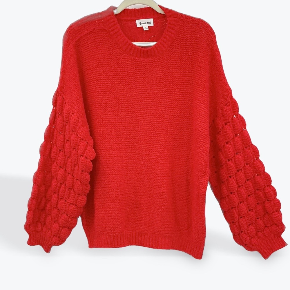 &merci Red Knit Sweater Women's Small‎ Long Sleeve Textured Bubble Sleeves